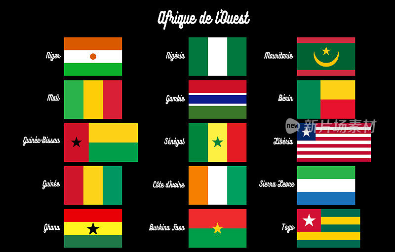 西非- 15个西非国家的国旗-孤立的(剪掉的)-用法语写的名字，白色字母，草书字母(手写)-黑色背景